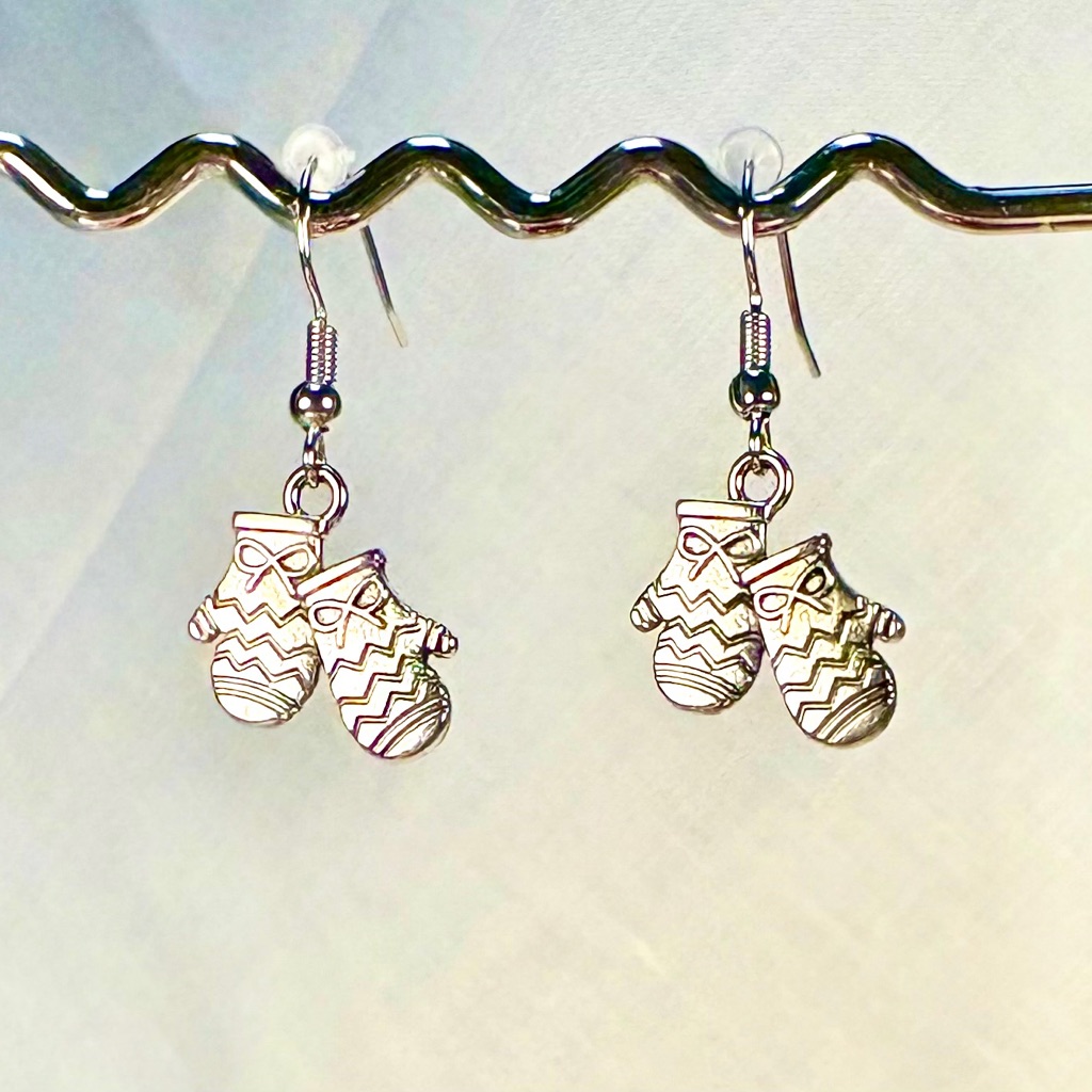Handcrafted Women Jewelry Earrings Pierced Silver Charm Mittens Winter Season